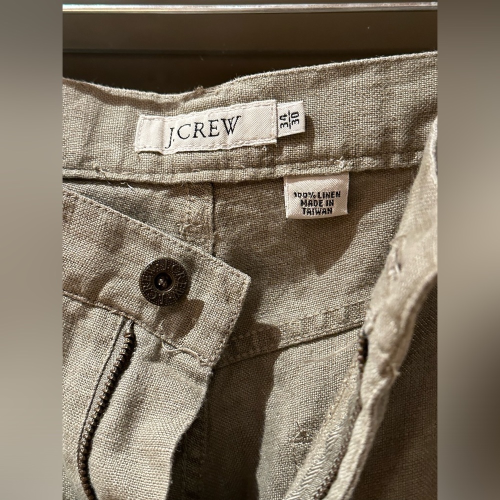 J Crew 100% LINEN pants 34/30. Flat front. Muted green